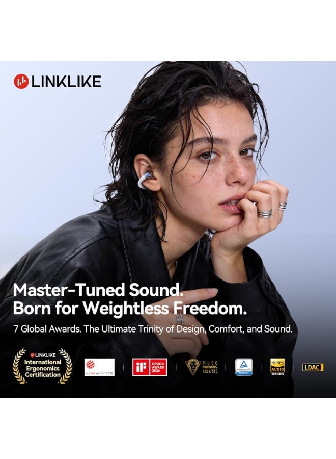 Linklike RingStar Air Open-Ear Wireless Headphones, Dual Device Connectivity, AI Noise-Cancelling Mic, 50+ Hrs Playtime, Quick Charge, All-Day Comfort Fit Earbuds for iOS/Android - White - Image 2